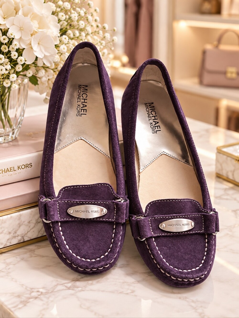 Michael Kors Purple Suede Loafers Women’s 8.5 Silver Logo